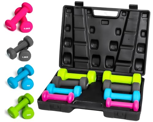 10KG Hex Dumbbells Set Neoprene Hand Weights Dumbbells Set with Carry Case - Ideal Home Weights Set For Body Toning -2 * (0.5KG, 1KG, 1.5KG & 2KG)