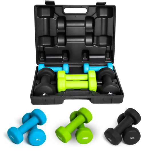 12KG Hex Dumbbell Neoprene Hand Weight Set with Carry Case - Ideal Starter Set for Home Workouts & Body Toning Includes 1KG 2KG & 3KG